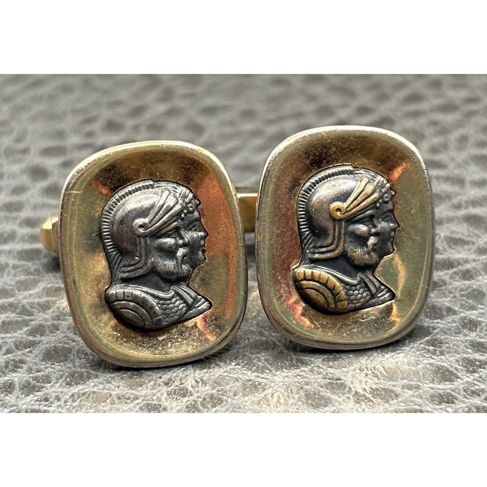 Vintage Anson Roman Soldier Cameo Profile Cufflinks Two Tone Gold Tone